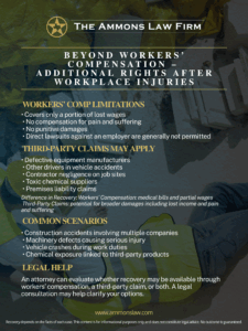 Comparison graphic explaining the difference between workers' compensation benefits and third-party claims, including examples such as defective equipment, negligent contractors, and toxic chemical exposure.