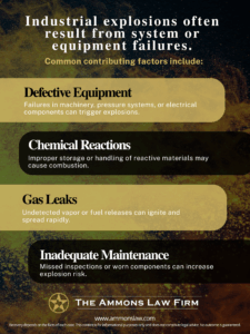 Common causes of plant explosions including defective equipment, chemical reactions, gas leaks, and inadequate maintenance