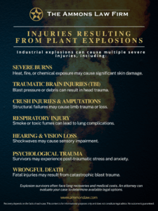 Types of injuries from plant explosions including severe burns, traumatic brain injuries, crush injuries, amputations, respiratory injury, hearing and vision loss, psychological trauma, and wrongful death