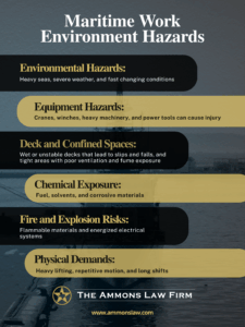 Infographic showing common maritime work environment hazards including heavy seas, equipment risks, chemical exposure, confined spaces, and fire hazards.
