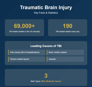 Infographic showing traumatic brain injury statistics from the CDC, including 69,000+ annual deaths and 190 daily deaths, with leading causes listed as falls, motor vehicle crashes, firearm injuries, and assaults, displayed on blue background with gold accents