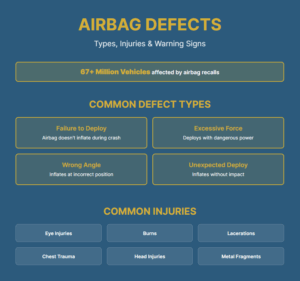 Square infographic showing airbag defect types, common injuries, and warning signs with Houston Ammons Law Firm contact information