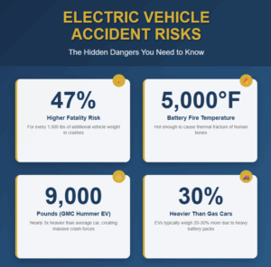 Electric Vehicle Accident Risk Statistics Infographic showing 47% higher fatality risk, 5,000&deg;F battery fires, 9,000 pound vehicle weights, and 30% heavier than gas cars